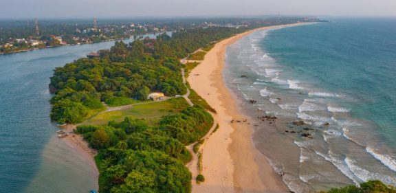 Aerial view of Bentota beach and the secret island, Sri Lanka.