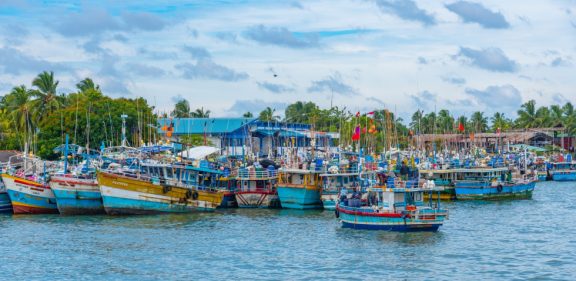 Negombo, Sri Lanka, February 13, 2022: Fishing boats mooring at the shore of Negombo lagoon in Sri Lanka.