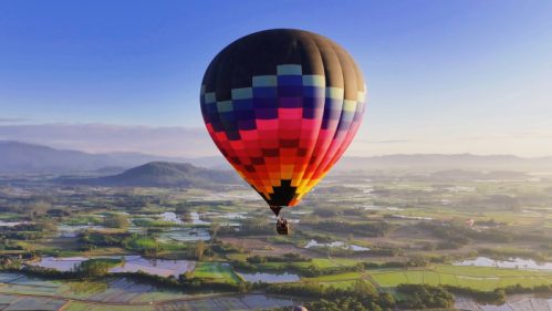 Balloon Ride At Praia Grande In Santa Catarina Brazil. Ballooning Scenery. Rice Fields Landscape. Sunrise Skyline. Balloon Ride At Praia Grande In Santa Catarina Brazil. Adventure Sport Lifestyle.